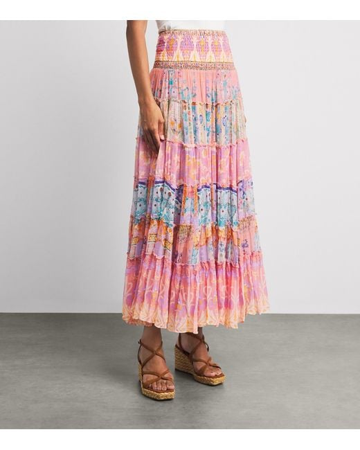 Camilla Pink Silk Tiered Maxi Skirt