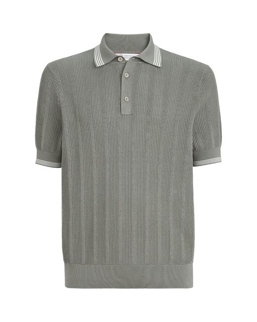 Brunello Cucinelli Gray Cotton Rib-Knit Polo Shirt for men