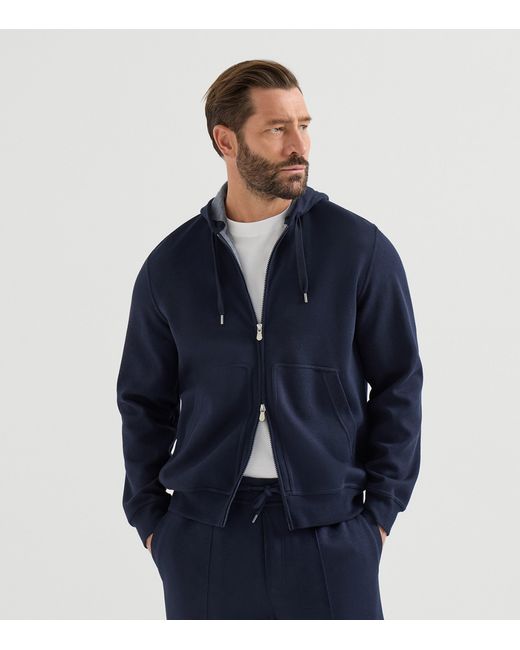 Brunello Cucinelli Blue French Terry Zip-Up Hoodie for men