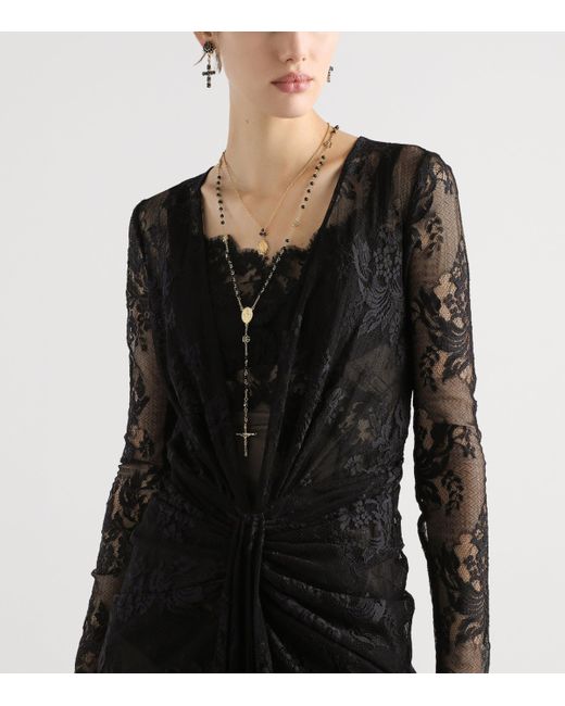 Dolce & Gabbana Black Lace Gathered Midi Dress
