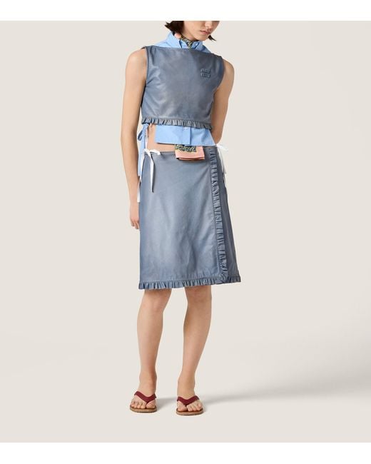 Miu Miu Blue Nappa Leather Ruffle Midi Skirt