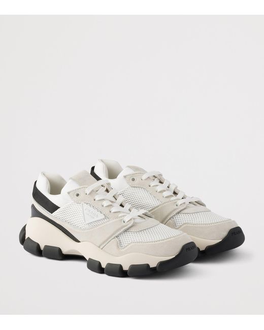 Prada White Mesh Fabric And Suede Sneakers