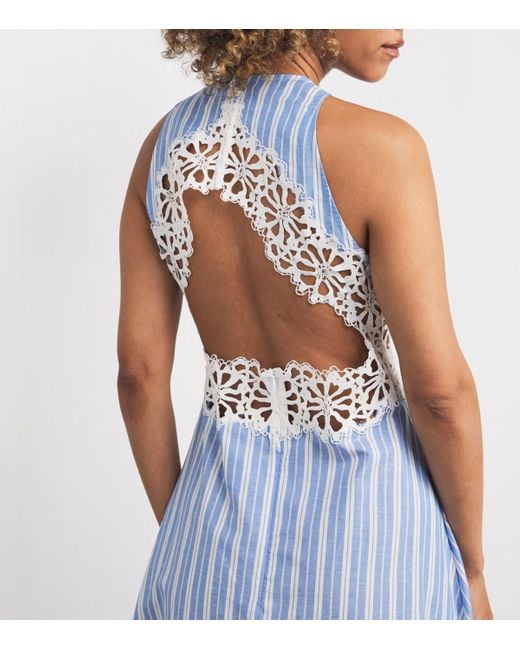 Sandro Blue Cotton-Linen Lace-Trim Midi Dress