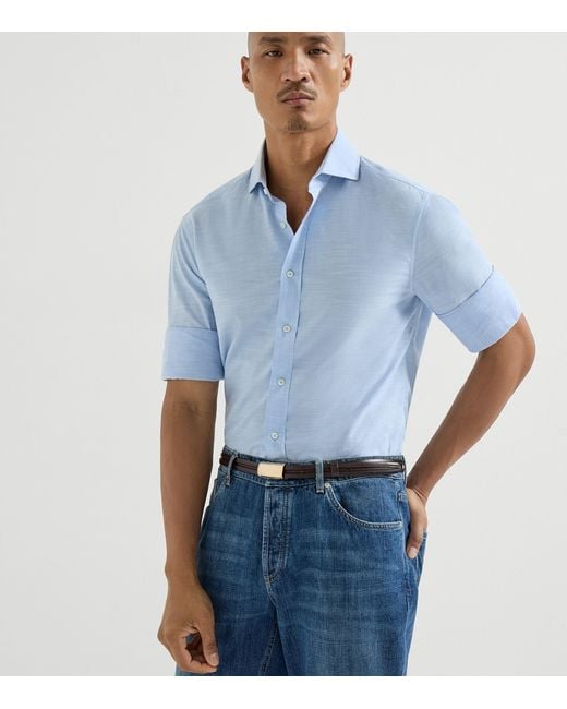 Brunello Cucinelli Blue Cotton Oxford Slim-Fit Shirt for men