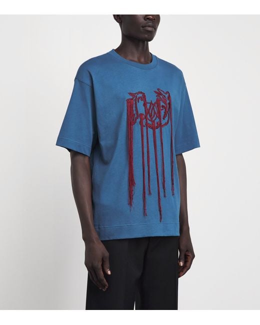 Dries Van Noten Blue Cotton Embroidered Bird T-Shirt for men