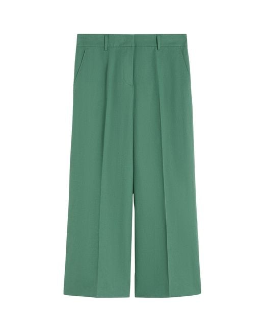 Weekend by Maxmara Green Cotton-Linen Wide-Leg Cropped Trousers