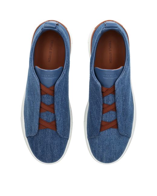 Zegna Blue Denim Triple Stitch Sneakers for men