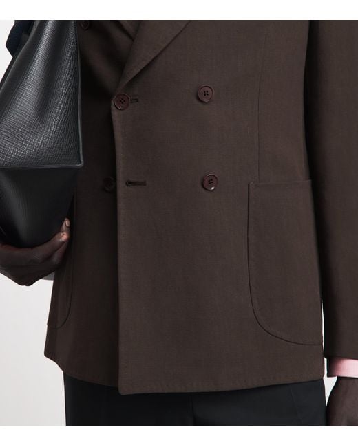 Isaia Black Linen Double-Breasted Blazer for men