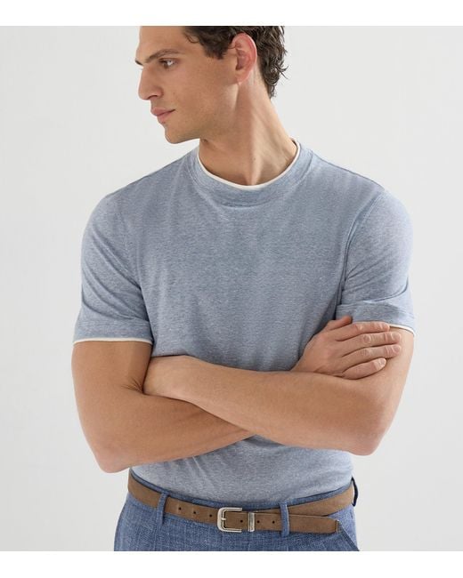 Brunello Cucinelli Blue Linen-Cotton Faux-Layered T-Shirt for men