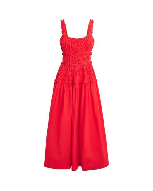 doen marianne dress red DEn Marianne Shirred Cotton-Poplin Midi Dress - Red