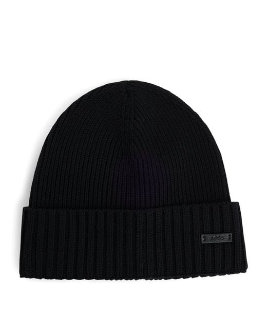 Boss Black Virgin Wool Logo-Badge Beanie for men