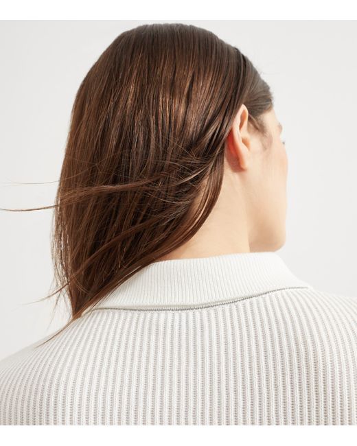Brunello Cucinelli White English Rib-Knit Polo Sweater