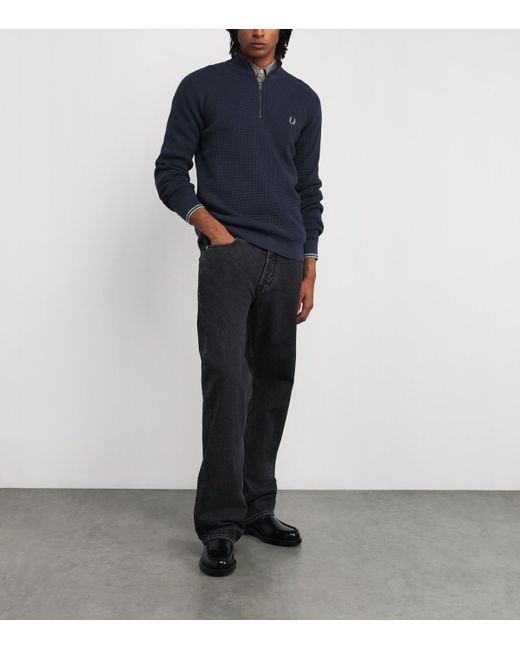 Fred Perry Blue Cotton Waffle Stitch Quarter-Zip Sweater for men
