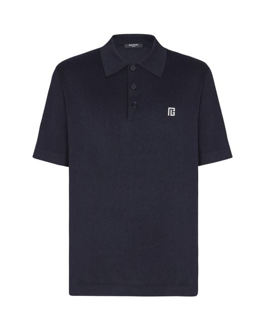 Balmain Blue Silk-Cotton Logo Polo Shirt for men