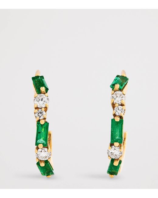 Suzanne Kalan Metallic Emerald And Diamond Thin Mix Hoop Earrings