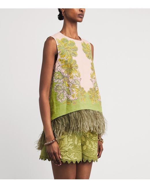 LaDoubleJ Green Feather-Trim Scala Top