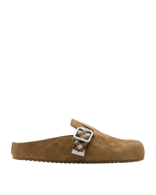 Burberry Brown Suede Check-Trim Urchin Clogs