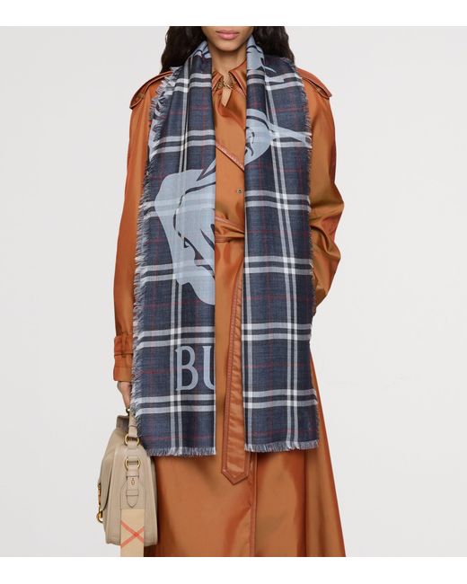 Burberry Blue Wool-Silk Wide Ekd Check Scarf