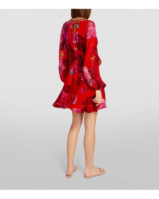 Camilla Red Silk Crystal-embellished Wrap Mini Dress