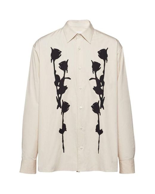 Prada Natural Cotton Floral-Appliqué Shirt for men