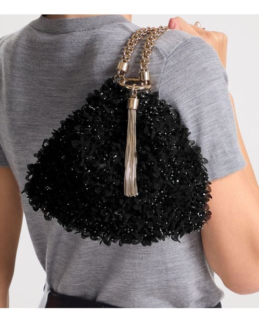 Jimmy Choo Black Callie Petal-Embroidered Satin Clutch Bag