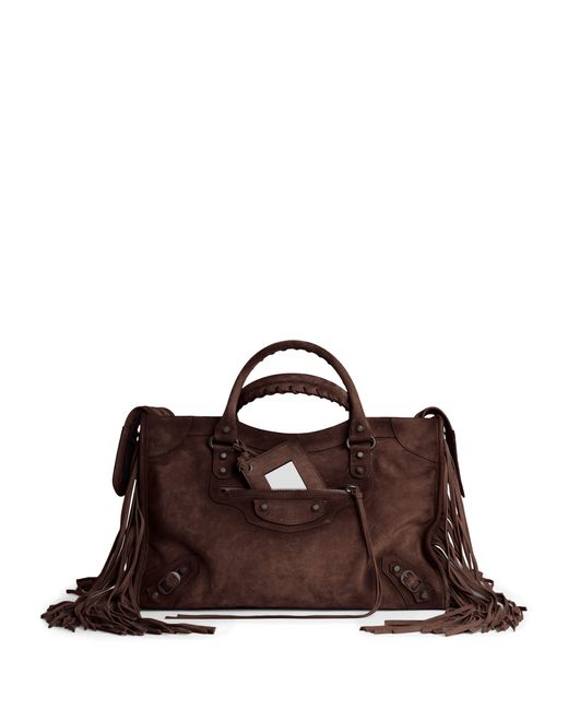 Balenciaga Brown Medium Suede Fringe Le City Top-Handle Bag