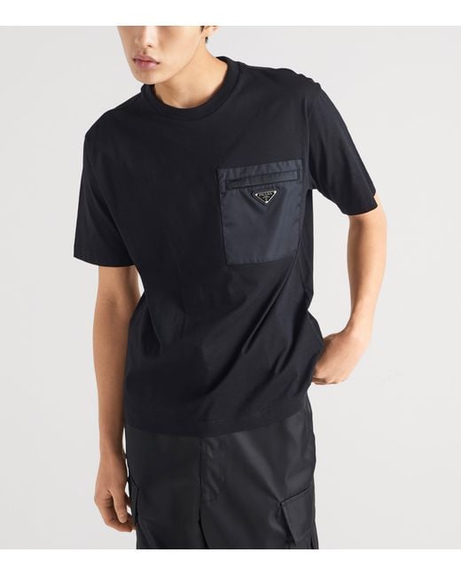 Prada Black Cotton And Re-Nylon Pocket T-Shirt for men
