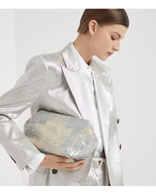 Brunello Cucinelli Gray Linen Sequinned Clutch Bag
