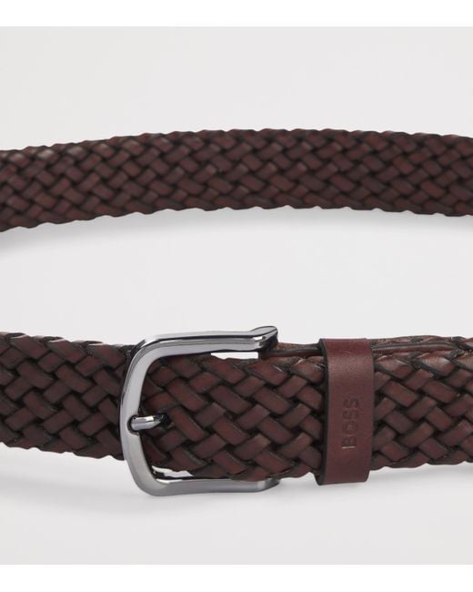 Boss Brown Leather Woven Belt for men