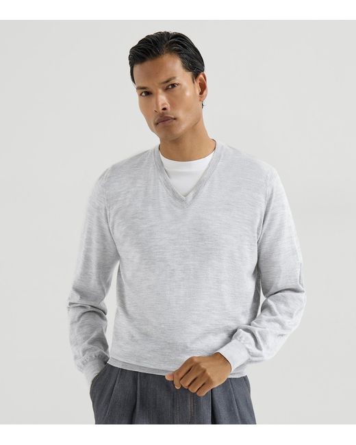 Brunello Cucinelli Gray Cashmere-Silk V-Neck Sweater for men