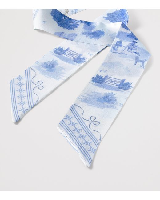 Aspinal Blue Silk Landscape Skinny Scarf