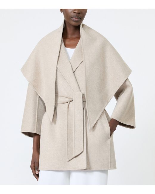 Max Mara White Cashmere Stole-Detail Wrap Coat