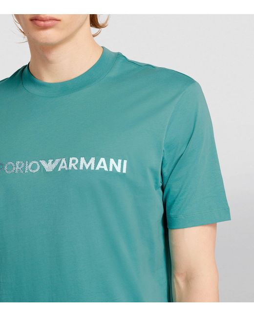 Emporio Armani Blue Cotton Embroidered-logo T-shirt for men
