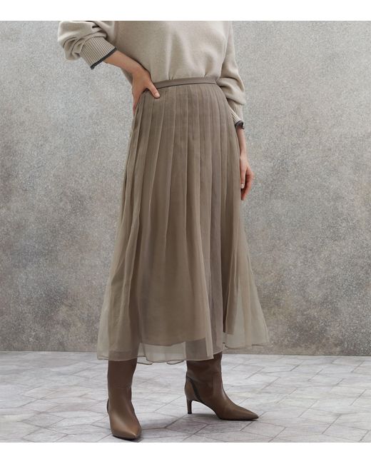 Brunello Cucinelli Natural Silk Pleated Midi Skirt