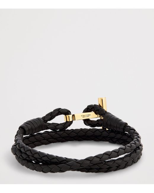 Tom Ford Black Leather Braided T Bracelet for men