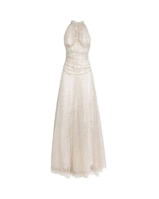 Sandra Mansour White Tulle Embellished Nue Gown
