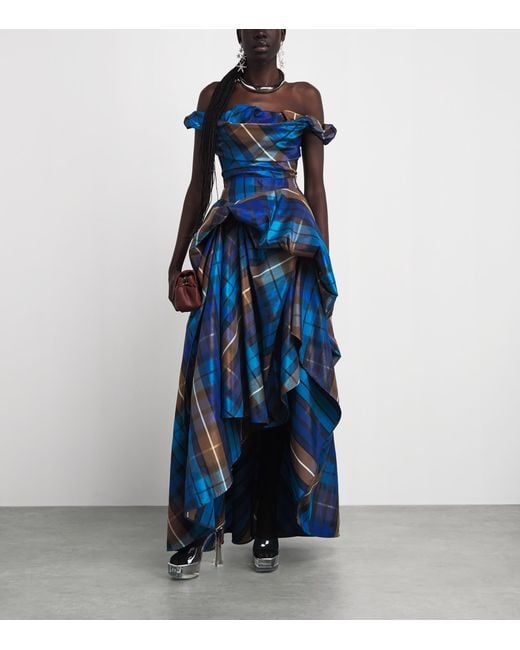 Vivienne Westwood Blue Tartan Off-The-Shoulder Chichi Gown