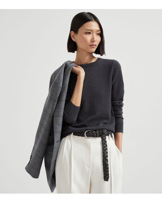 Brunello Cucinelli Blue Cashmere Monili-Trim Sweater