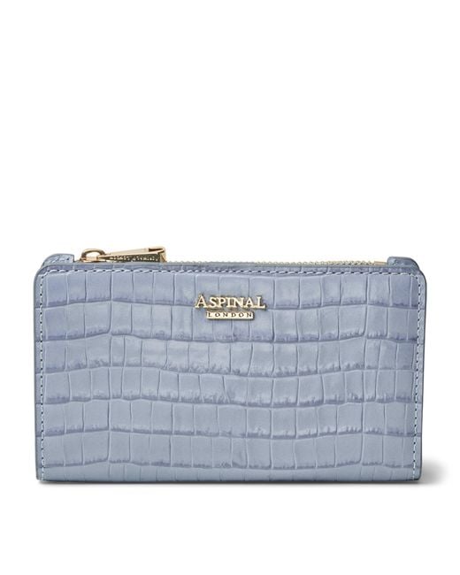 Aspinal Blue Leather Croc-Embossed Mayfair Purse