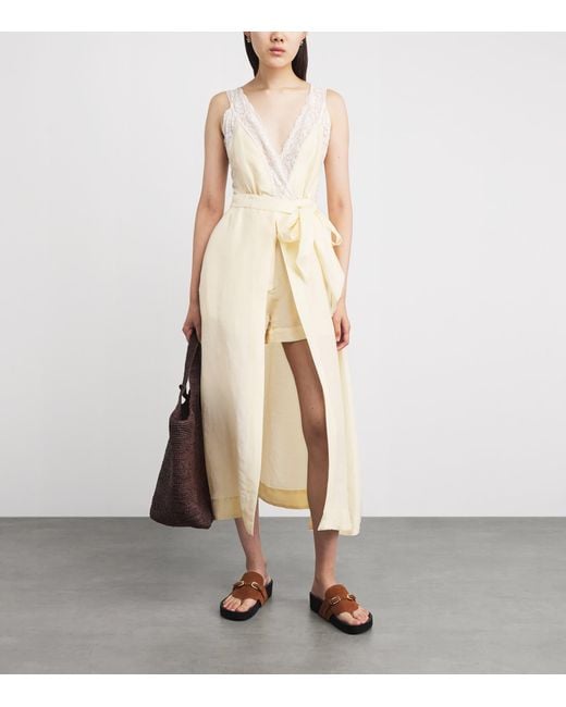 Sandro White Linen-Blend Lace-Trim Midi Dress