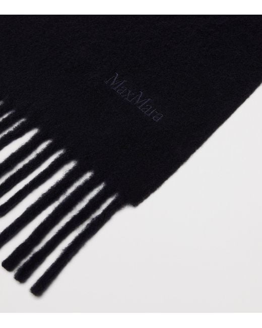 Max Mara Blue Wool Fringed Logo Scarf
