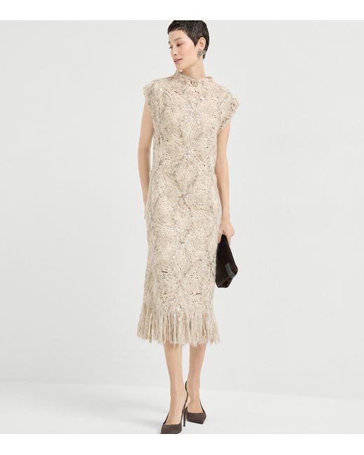 Brunello Cucinelli Natural Mohair-Blend Embellished Midi Dress