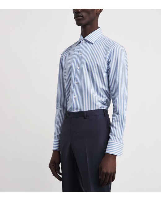 Brioni Blue Cotton-Linen Stripe Shirt for men