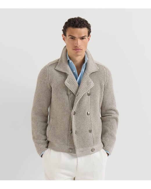 Brunello Cucinelli Gray Cashmere Double-Breasted Cardigan for men