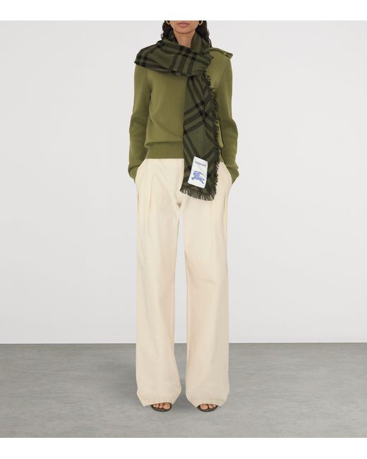 Burberry Green Silk-Wool Wide Check Scarf