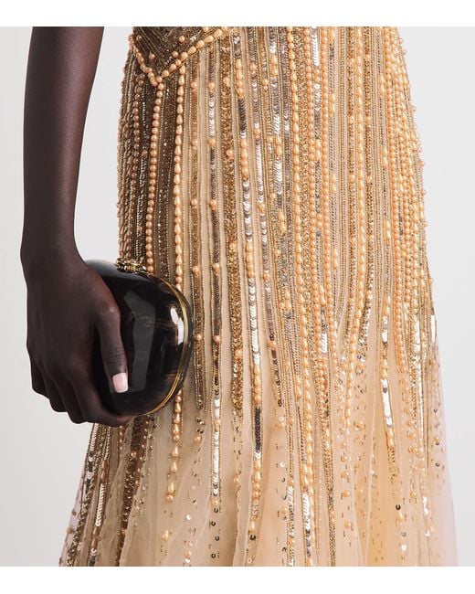 Pamella Roland Natural Tulle Embellished V-Neck Gown