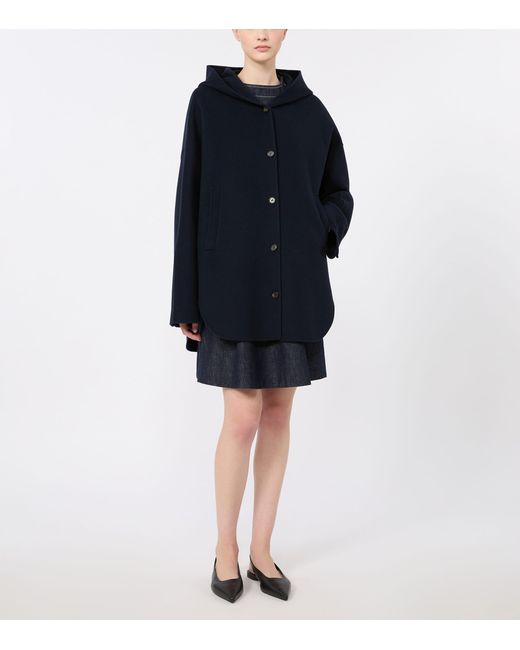 Max Mara Blue Virgin Wool Hooded Coat
