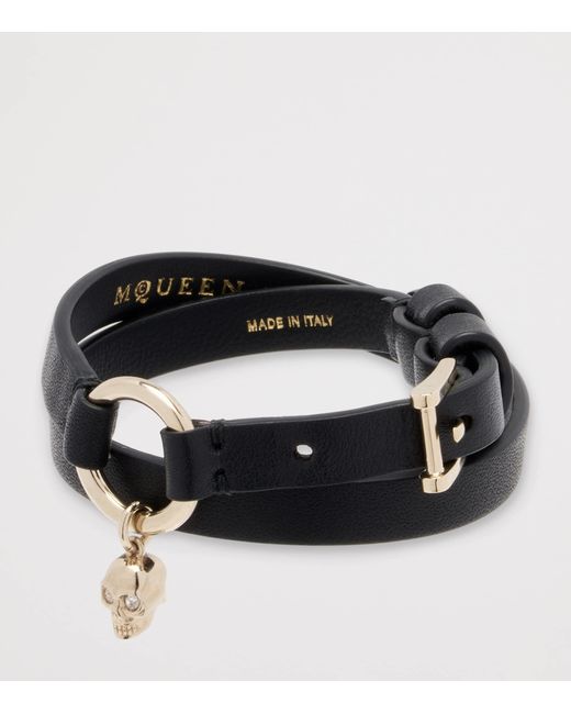 McQueen Black Leather Skull Ring Double Wrap Bracelet for men