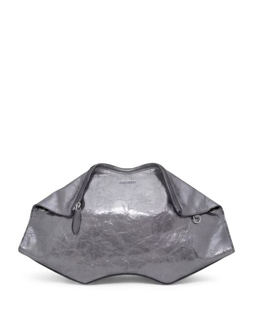 McQueen Gray Cracked Metallic Leather Manta Pouch
