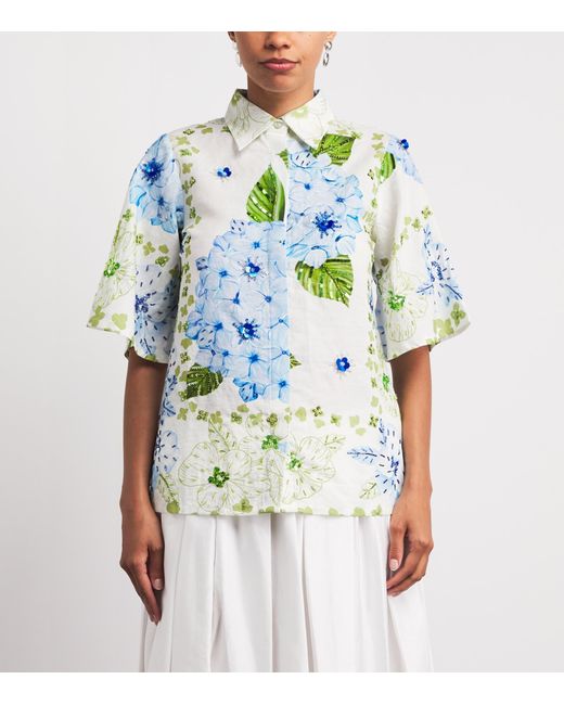VERANDAH Blue Linen-Cotton Hydrangea Shirt